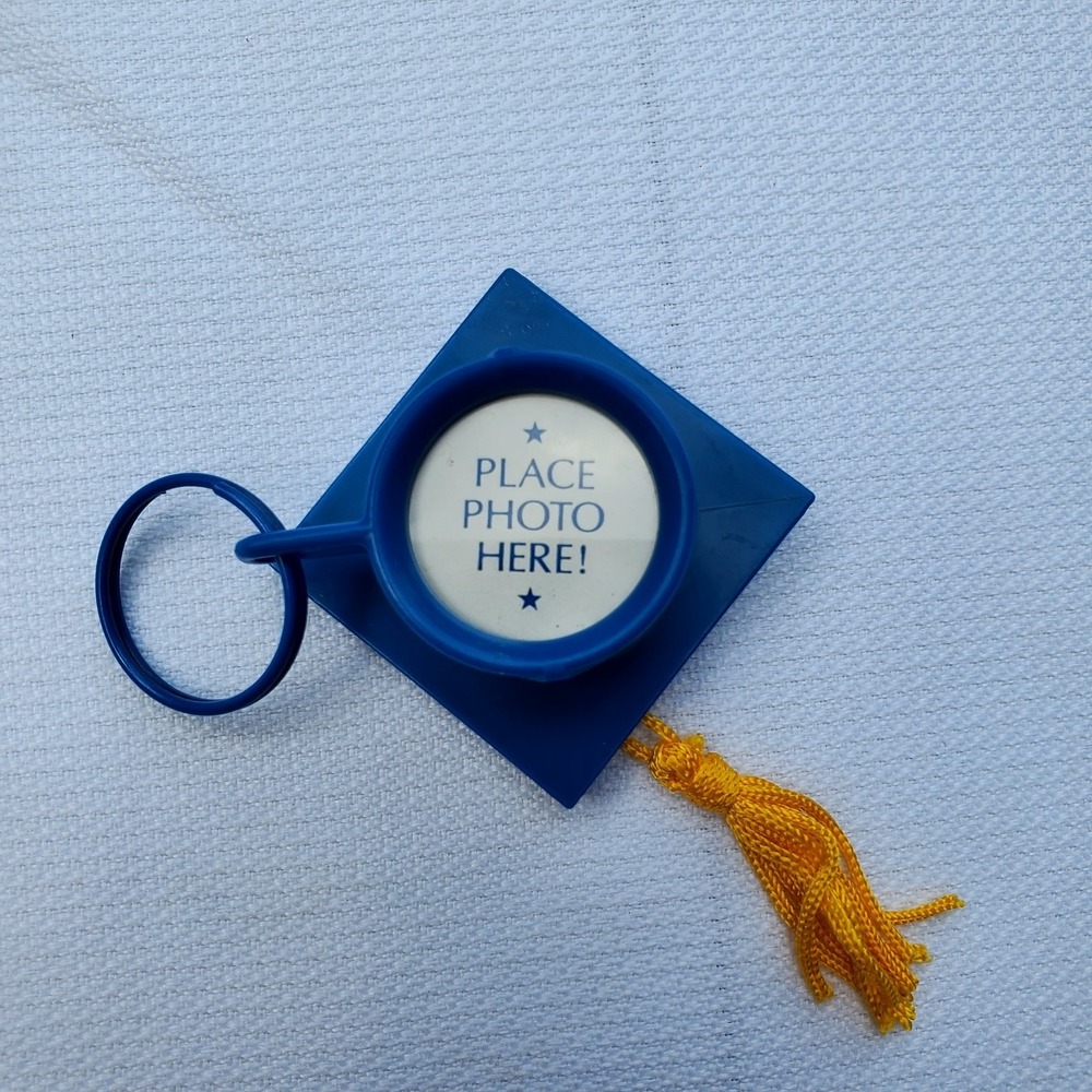 Blue Gold Grad Cap Photo Holder Keychain Tassel NEW Keepsake "Hat's Off"
